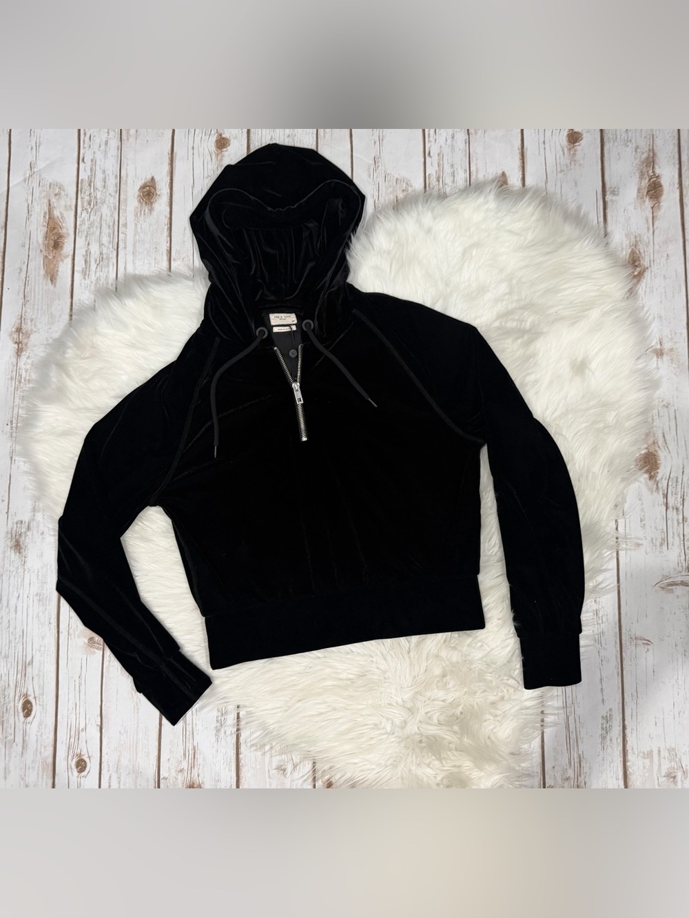 Rag & Bone Hoodie Women's Small Black Velvet Cropped Zip Long Sleeve